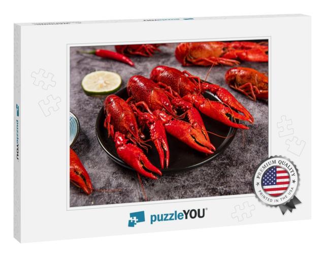 Boiled Red Crawfish or Crayfish in Plate on Table... Jigsaw Puzzle