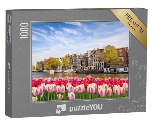 Puzzel 1000 stukjes „Stadssilhouet van Amsterdam met lentetulpen, Nederland“