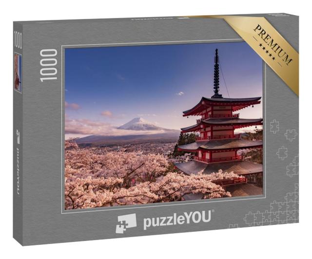 Puzzle 1000 Teile „Berg Fuji und Chureito Pagode mit Kirschblüte, Japan“