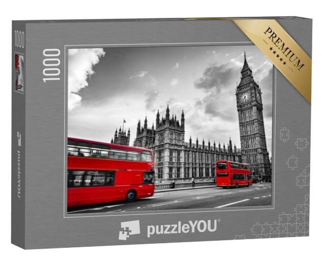 Puzzel 1000 stukjes „Westminster Palace, Big Ben, Routmaster Bus - Impressies van Londen, Engeland“