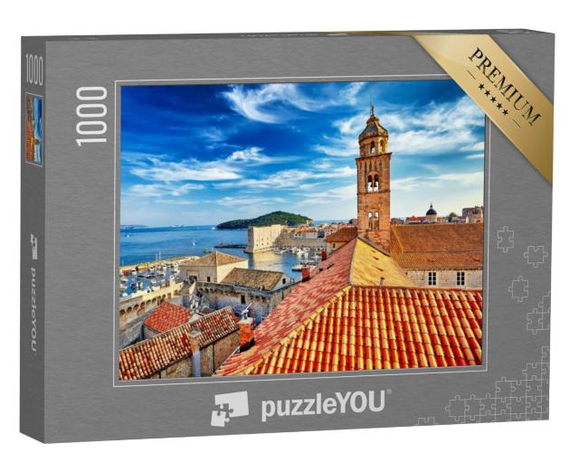 Puzzel 1000 stukjes „Uitzicht over daken: oude stad Dubrovnik bij zonsondergang, Kroatië“