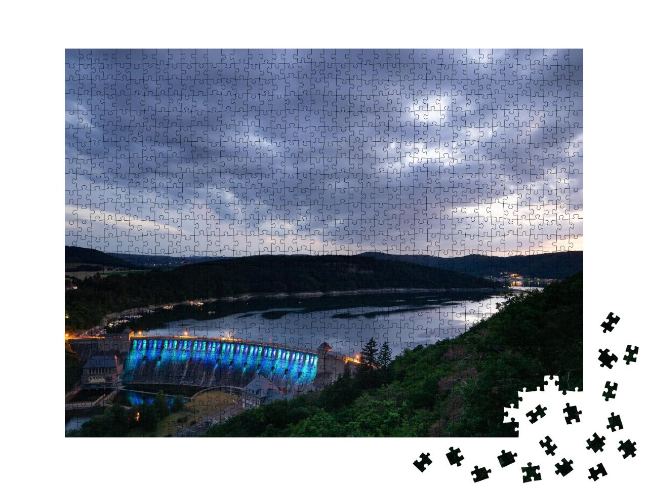 Puzzle 1000 Teile „Blick vom Aussichtspunkt Kleine Kanzel am Edersee bei Sonnenuntergang“