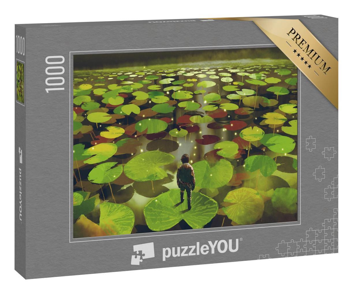 Puzzle 1000 Teile „Junger Mann auf riesigem Seerosenblatt im Fantasy-Sumpf, digitaler Kunststil“