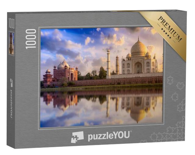 Puzzel 1000 stukjes „Taj Mahal: schilderachtige zonsondergang met prachtige lucht, Agra, India“