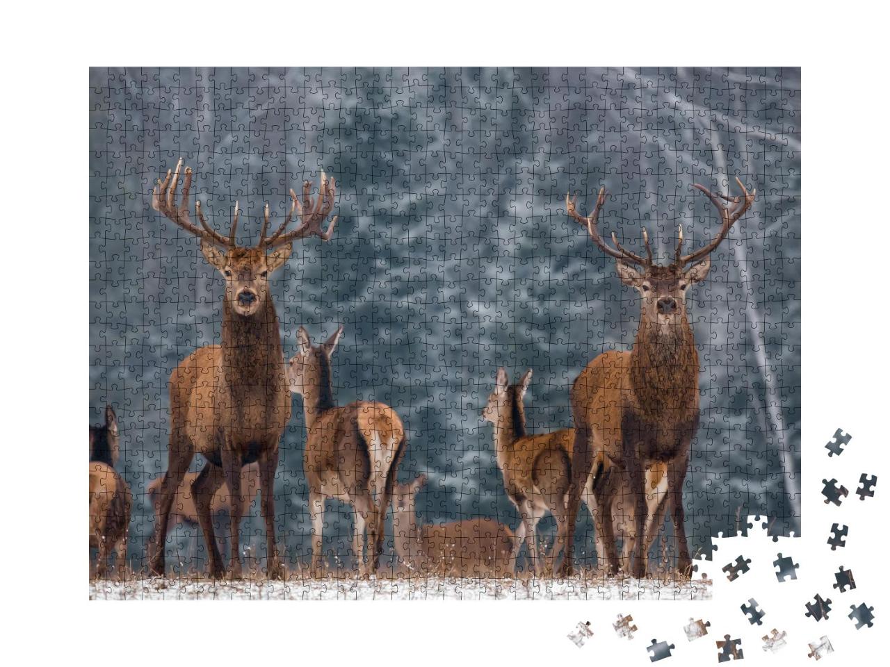 Puzzle 1000 Teile „Eine Herde von Hirschen im winterlichen Wald“