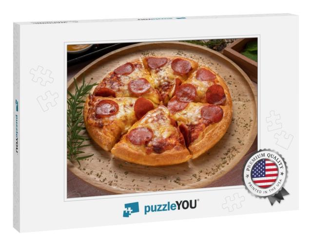 Tasty Pepperoni Pizza on Wooden Background. Top View of H... Jigsaw Puzzle