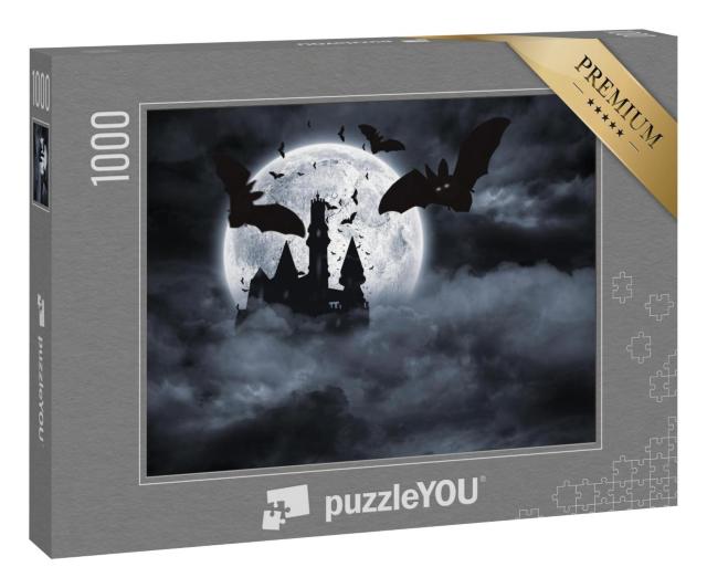 Puzzle 1000 Teile „Digital erzeugte Fledermäuse, die bei Vollmond von Draculas Schloss fliegen“
