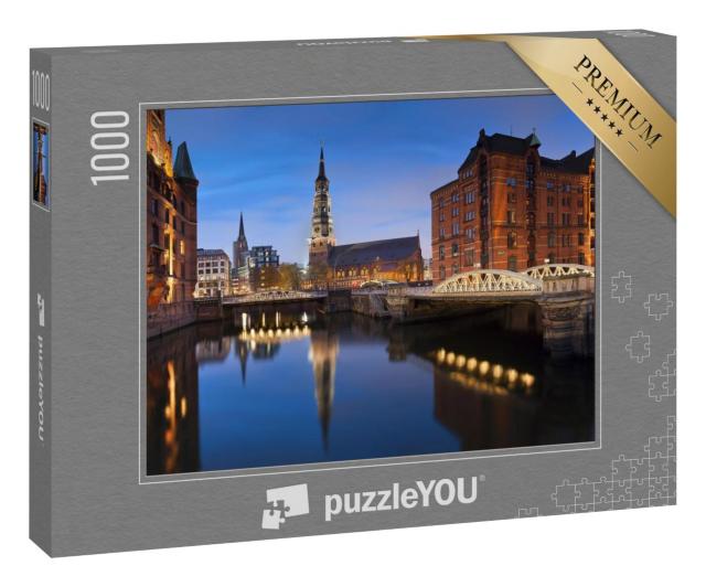 Puzzle 1000 Teile „Hamburg: Speicherstadt in der blauen Stunde“
