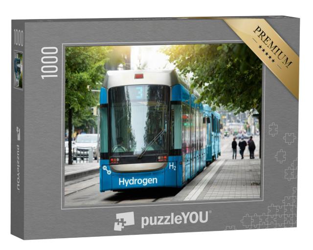 Puzzel 1000 stukjes „Een tram met waterstofcel staat geparkeerd bij het station“