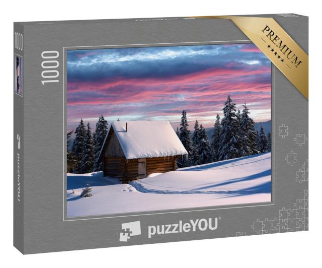 Puzzle „Winterlandschaft mit Holzhaus, Karpaten, Ukraine “