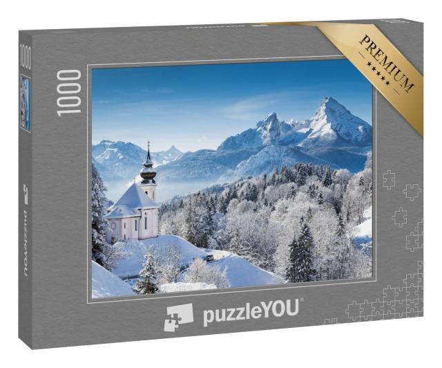 Puzzle 1000 Teile „Wallfahrtskirche und Watzmann-Gipfel im Winter, Berchtesgadener Land, Deutschland“