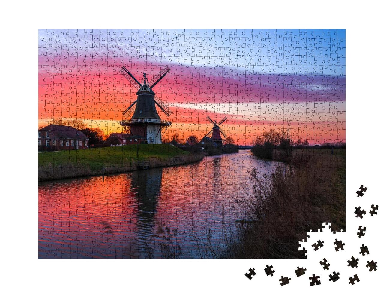 Puzzle 1000 Teile „Zwillingsmühlen von Greetsiel bei Sonnenaufgang, Ostfriesland“