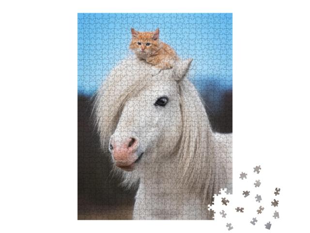 Puzzle 1000 Teile „Kleines rotes Kätzchen auf dem Kopf eines weißen Shetlandponys“