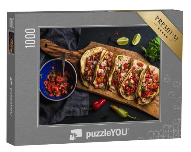 Puzzel 1000 stukjes „Mexicaanse keuken: Garnalen taco's met zelfgemaakte salsa“