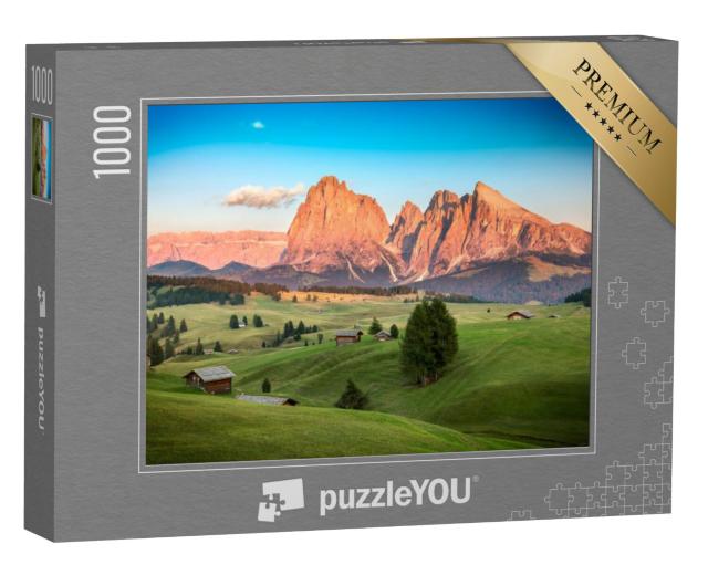 Puzzel 1000 stukjes „Alpe di Siusi met Sassolungo-groep in de avondzon, Zuid-Tirol“