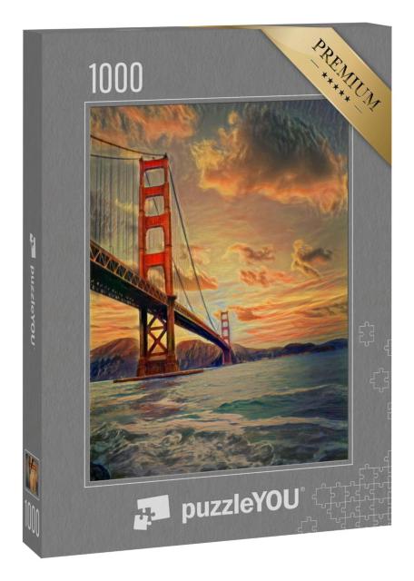 Puzzle 1000 Teile „im Stil von Edvard Munch, Der Schrei - Golden Gate Bridge im Sonnenuntergang“