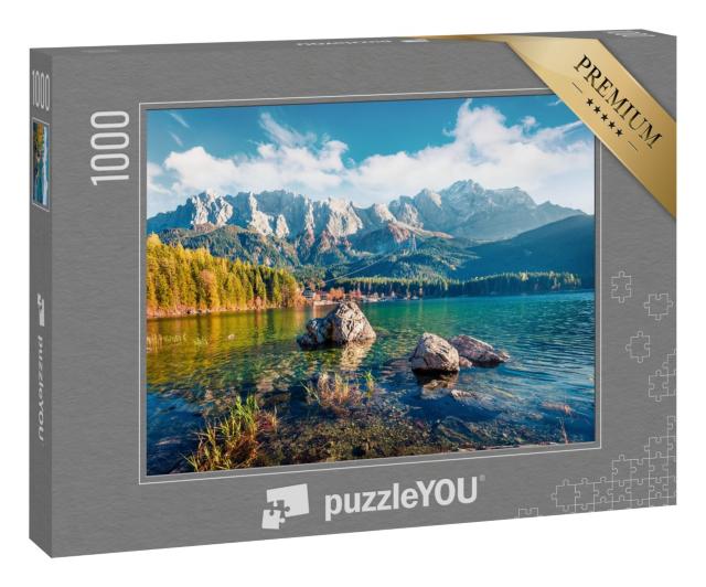 Puzzle 1000 Teile „Sonniger Abend am Eibsee in den bayerischen Alpen“