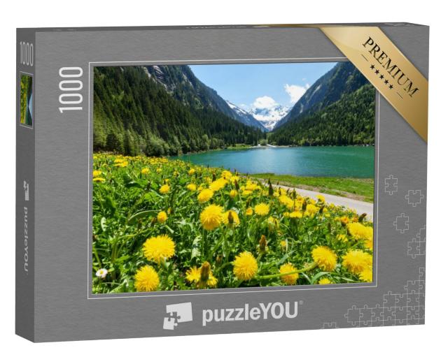 Puzzel 1000 stukjes „Zomer in de Tiroler Alpen: paardenbloem en bergmeer, Zillertal, Oostenrijk“