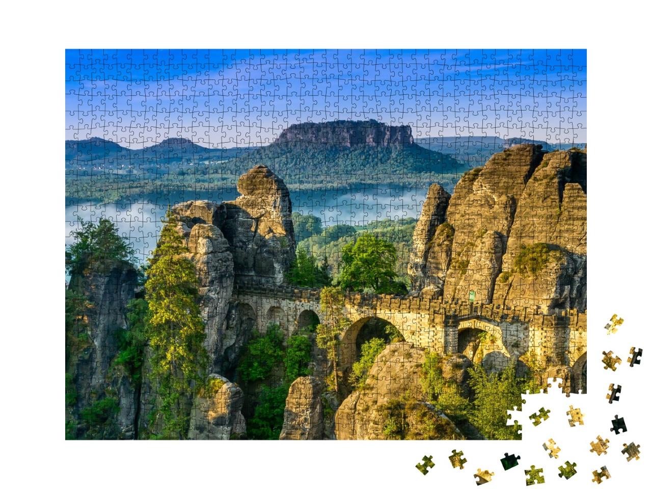Puzzle 1000 Teile „Sonnenaufgang an der Bastei in der Sächsischen Schweiz, Deutschland“
