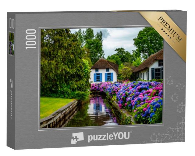 Puzzel 1000 stukjes „Giethoorn in Nederland, met prachtige landhuizen, waterkanalen en kleurrijke bloemen“