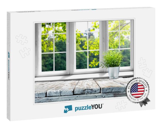 Desk of Free Space with Green Plant & Window of Spring Ti... Jigsaw Puzzle