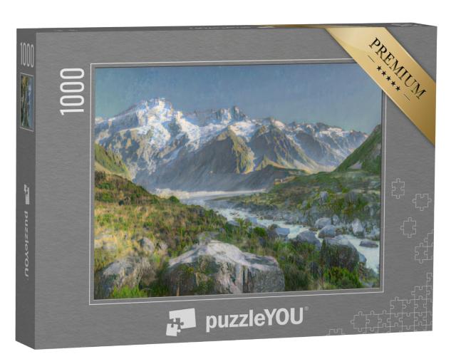 Puzzel 1000 stukjes „in de kunststijl van Claude Monet - Hooker Valley Track met de besneeuwde Sefton Mont“