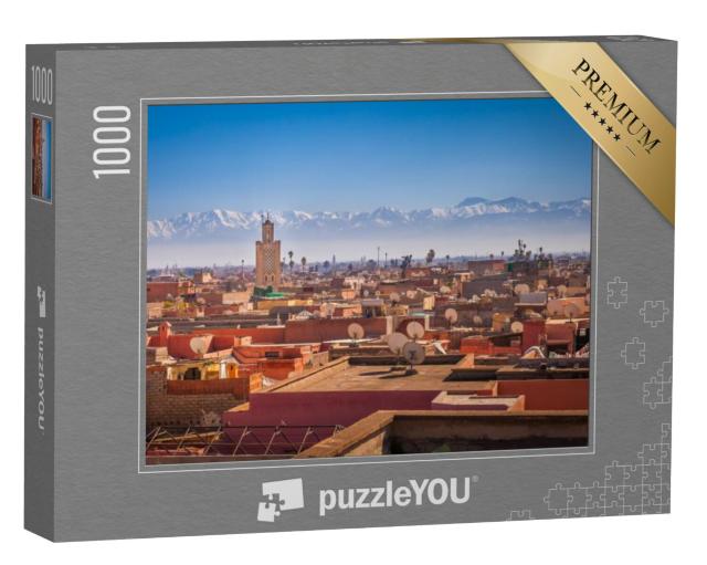 Puzzel 1000 stukjes „Panoramisch uitzicht op Marrakech en het met sneeuw bedekte Atlasgebergte, Marokko“