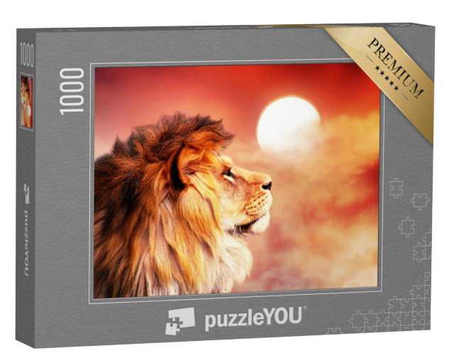 Puzzel 1000 stukjes „Afrikaanse leeuw in de gloedvolle zonsondergang“