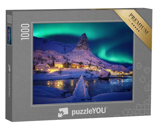 Puzzel 1000 stukjes „Noorderlicht in het winterse landschap van Lofoten, Noorwegen“