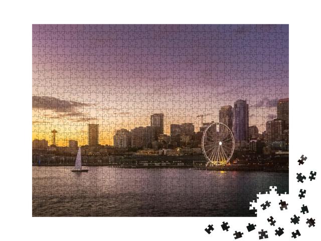 Puzzle 1000 Teile „Seattle: Elliott Bay in der Abenddämmerung, Washington, USA“
