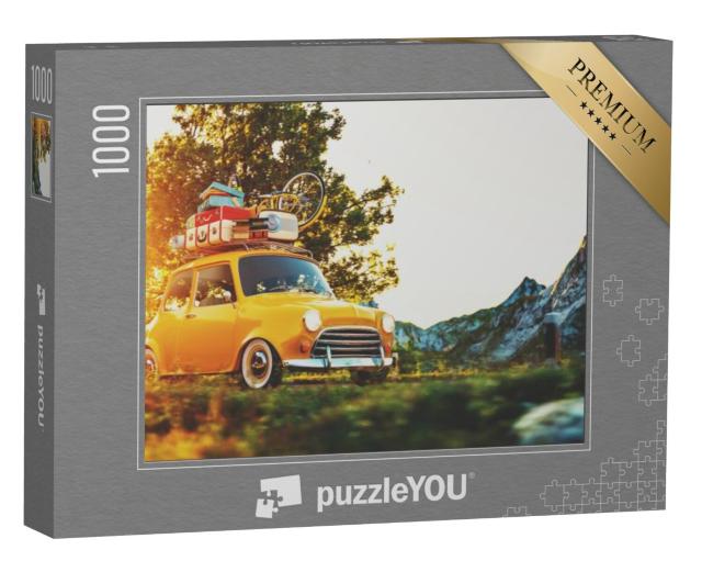 Puzzel 1000 stukjes „Retro auto met koffers en fiets in de zonsondergang“