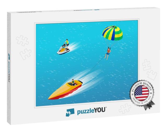 Man Parasailing with Parachute Behind the Motor Boat. Cre... Jigsaw Puzzle