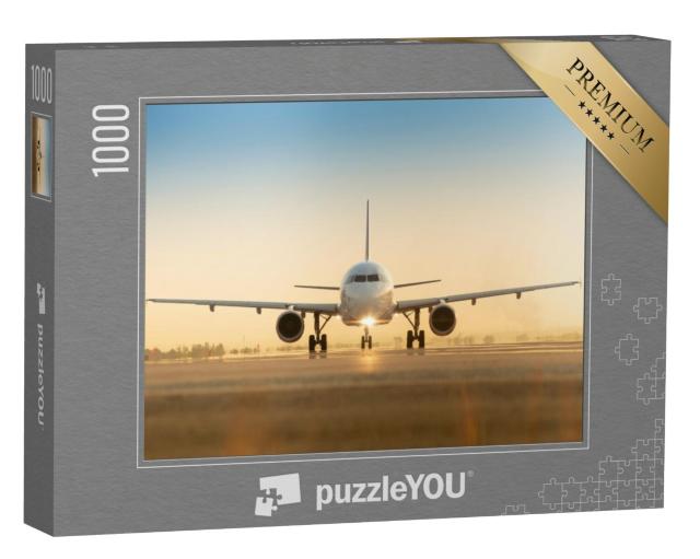 Puzzel 1000 stukjes „Vliegtuig op de startbaan bij zonsondergang“