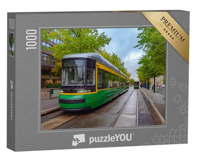 Puzzel 1000 stukjes „Moderne tram op straat in Helsinki, Finland“