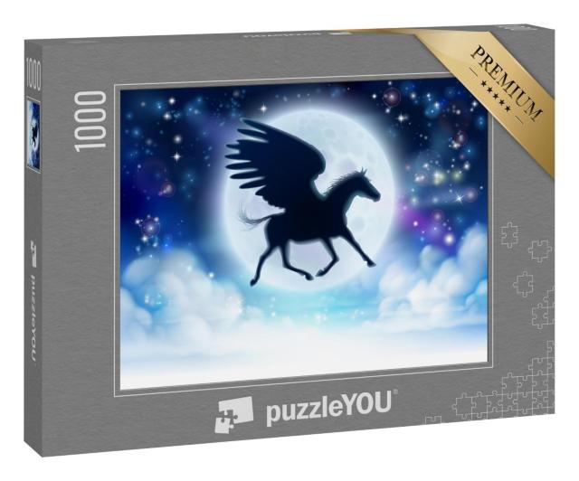 Puzzle 1000 Teile „Pegasus als Silhouette vor dem weißen Vollmond“
