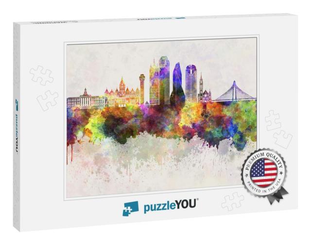 Dallas Skyline in Watercolor Background... Jigsaw Puzzle