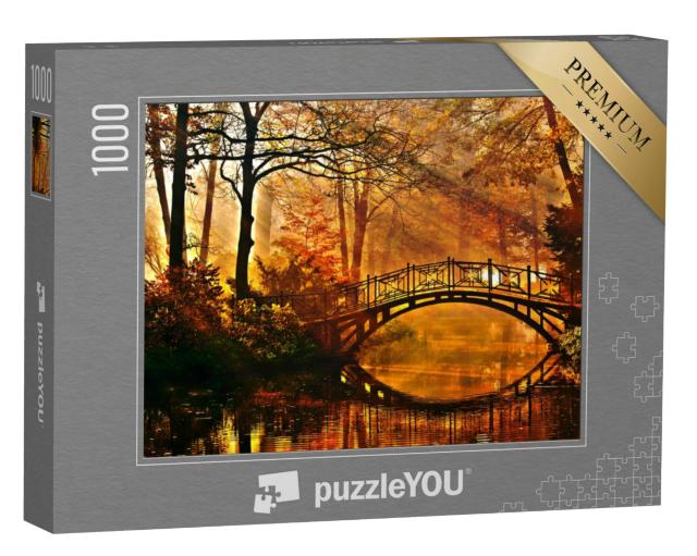 Puzzel 1000 stukjes „Oude brug in herfstig mistig park“