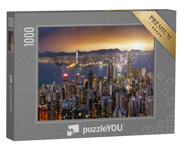 Puzzel 1000 stukjes „Panorama van de skyline van Hongkong bij zonsondergang“