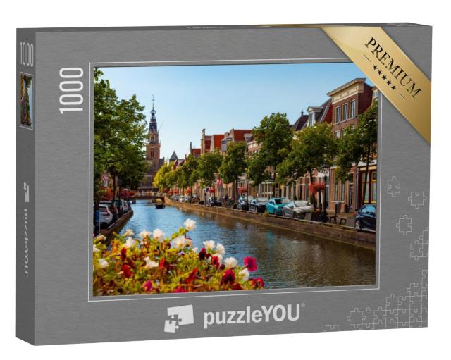 Puzzel 1000 stukjes „Stadsgezicht van Alkmaar langs de Mient met uitzicht op de toren van het Waaggebouw“