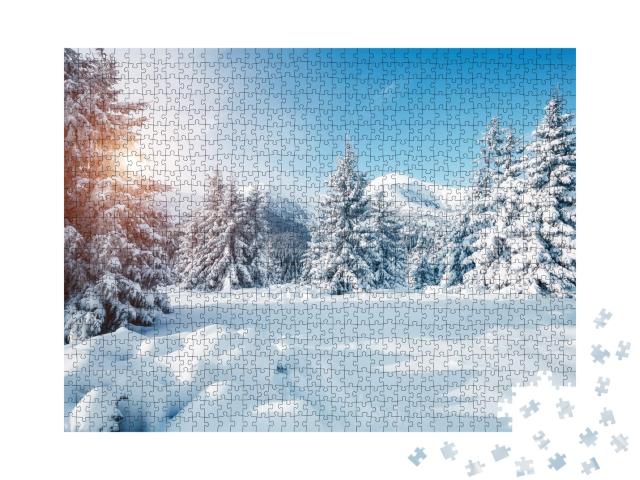 Puzzle 1000 Teile „Sonniges Winterwunderland, Karpaten, Urkaine“