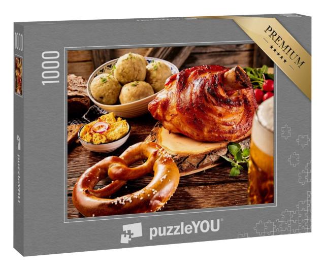 Puzzle 1000 Teile „Bayerische Küche: Schweinshaxe mit Brezel und Obatzda“
