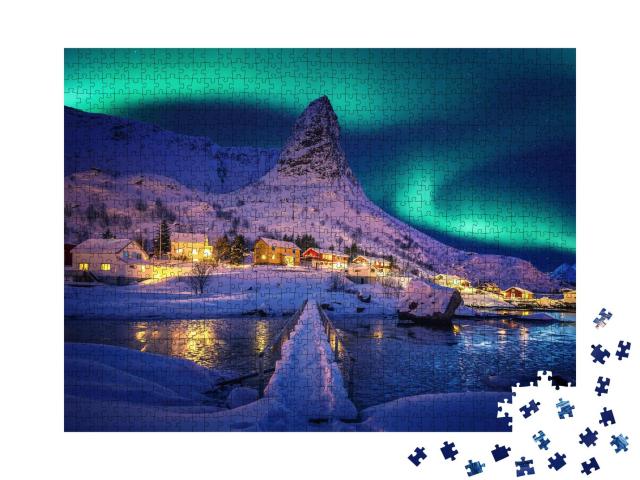 Puzzle 1000 Teile „Polarlichter in der winterlichen Landschaft der Lofoten, Norwegen“