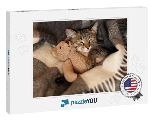 Gray Kitten Sleeping on Gray Plaid Wool Blanket with Tass... Jigsaw Puzzle