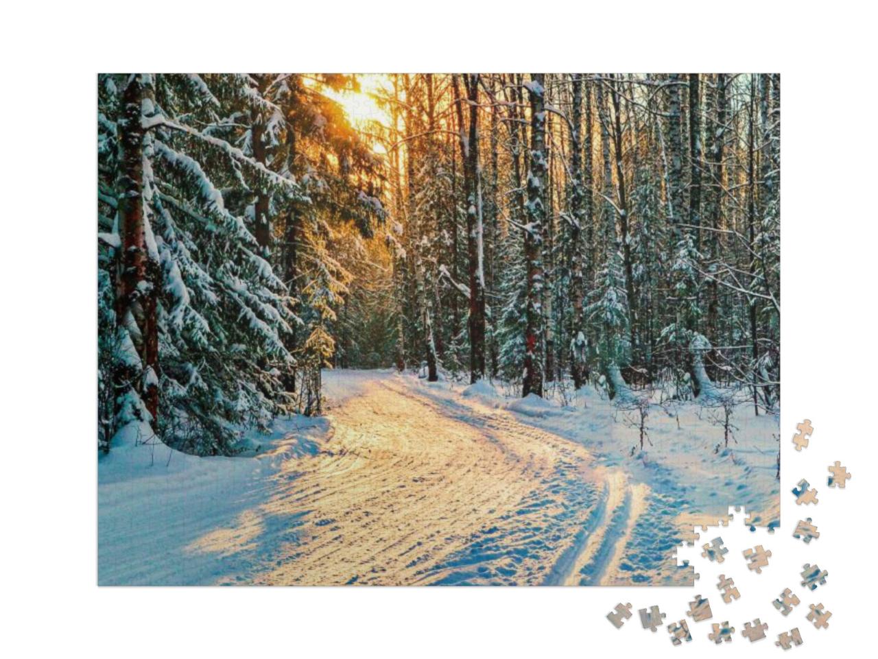 Puzzel 1000 stukjes „Winter bospad in een besneeuwd bos met dennenbomen“