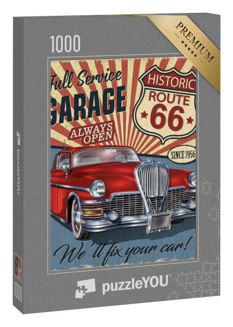 Puzzle „Vintage Route 66 Schild mit rotem Oldtimer“