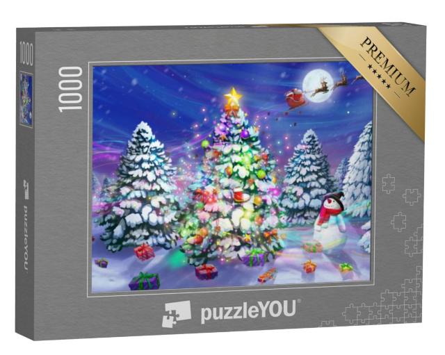 Puzzel 1000 stukjes „De slee van de Kerstman boven een kerstboom in een besneeuwd bos“