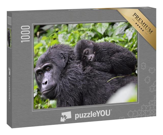 Puzzle 1000 Teile „Gorillababy liegt auf dem Rücken der Mutter im Bwindi Impenetrable Forest“