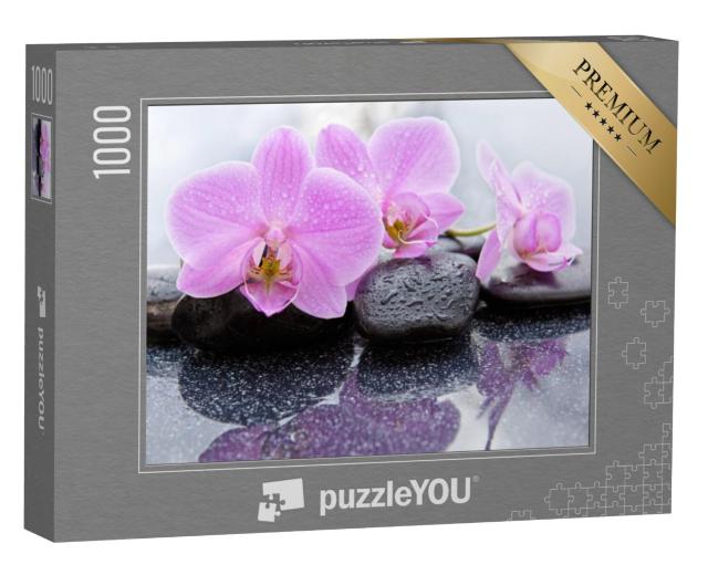 Puzzel 1000 stukjes „Lichtroze orchidee bloemen op natte kiezels“