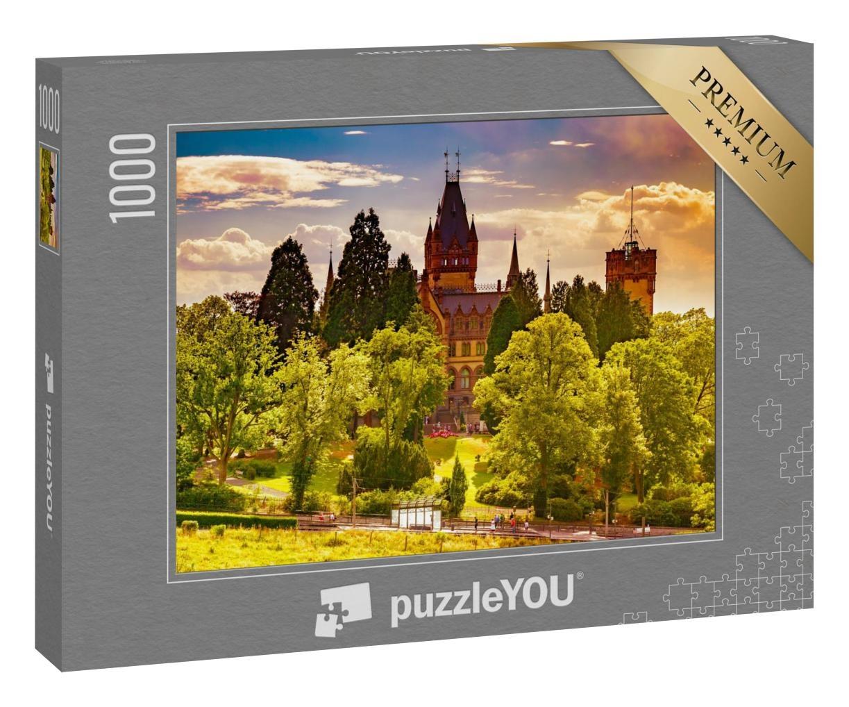 Puzzle 1000 Teile „Schöne Sonnenuntergangslandschaft mit Schloss Drachenburg in Königswinter am Rhein“