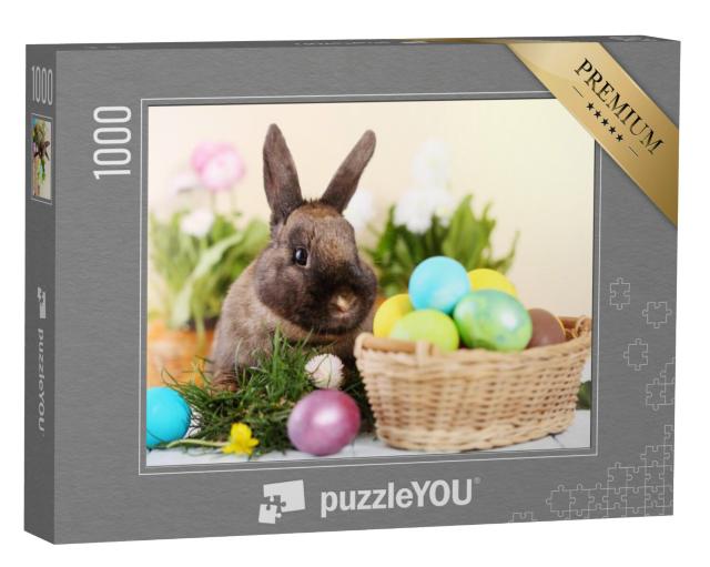 Puzzel 1000 stukjes „Paashaas en paaseieren op groen gras“